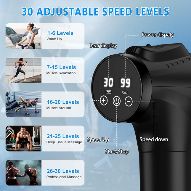 Massage Gun for Athletes – Handheld Deep Tissue Massager, 30 Speeds, 9 Heads