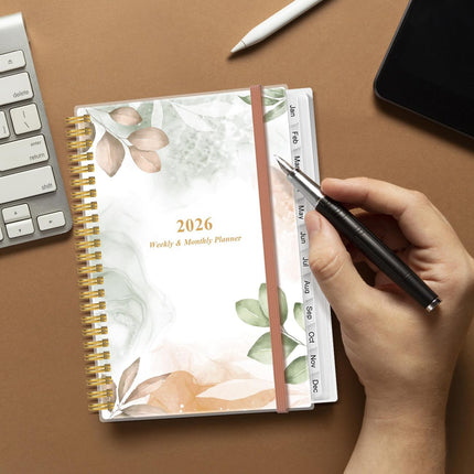 2026 A5 Weekly Monthly Planner Spiral Bound Jan–Dec Flexible Cover Tabs Rose Leaf