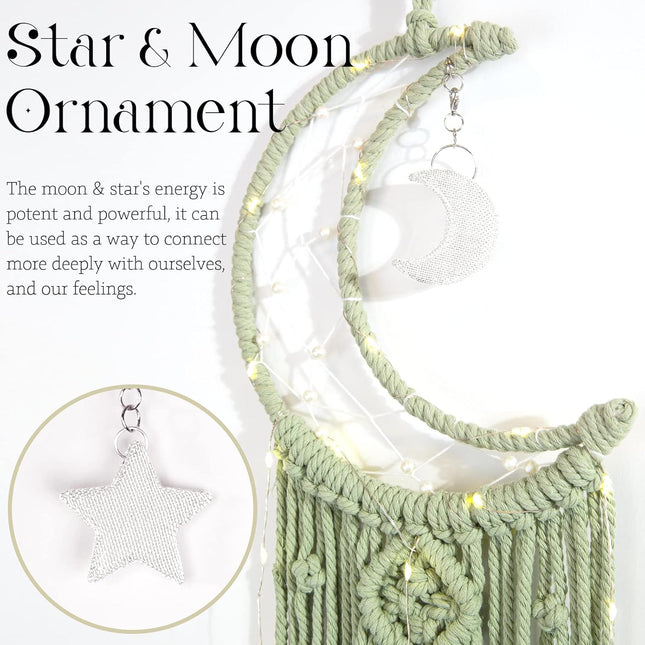 Green Macrame Moon Dream Catcher Wall Hanging with Stars, Tassels, Boho Bedroom Decor
