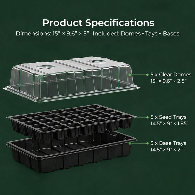 5-Pack Plant Germination Trays – Humidity Domes & Bases, 200 Cells Total