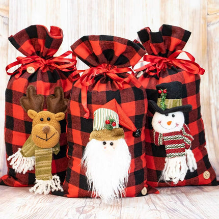 Christmas Santa Sacks 3D Buffalo Plaid Drawstring Bags for Holiday Gifting