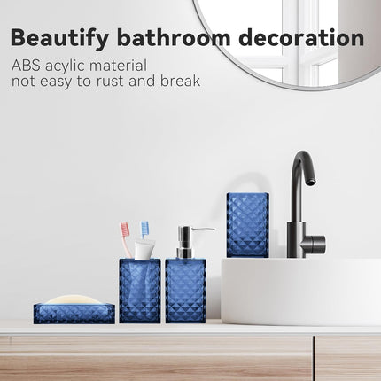 4-Piece Blue Plastic Bathroom Accessories Set Diamond Pattern Soap Dispenser Holder