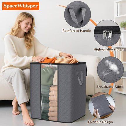 3 Pack 100L Foldable Clothes Storage Bags, Grey, Clear Window, Reinforced Handles