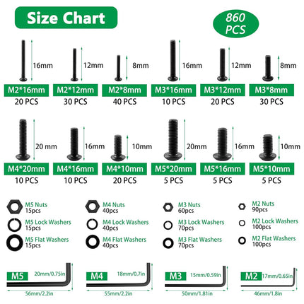 860-Piece Metric Screw Assortment Kit M2-M5 with Nuts, Washers & Wrenches