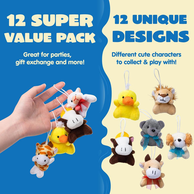 12 Pack Mini Animal Plush Toys – 3" Stuffed Animals for Kids, Party Favors & Prizes