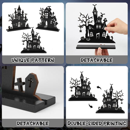 3-Piece Halloween Wooden Table Centerpieces, Double-Sided Ghost House Decorations
