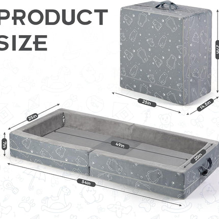 Portable Toddler Travel Bed Foldable Foam Mattress, Safety Rails and Washable Grey Cover