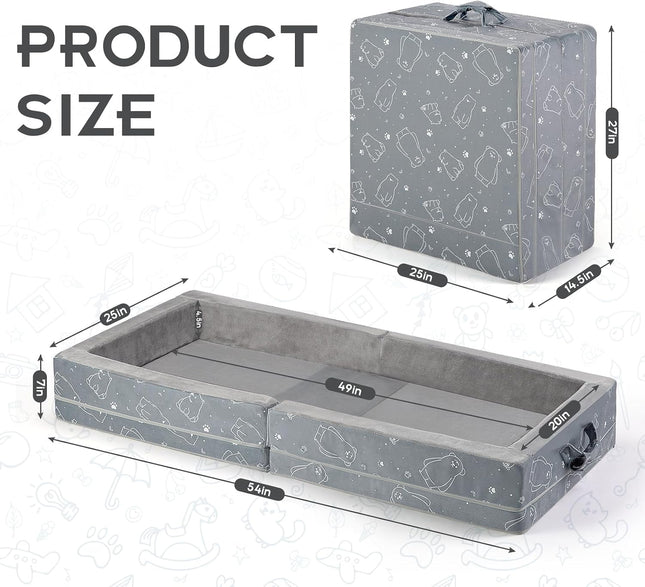 Portable Toddler Travel Bed Foldable Foam Mattress, Safety Rails and Washable Grey Cover