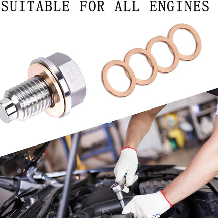 M14x1.5 Magnetic Oil Drain Plug with 5 Copper Washers, Leak-Proof Bolt for Cars