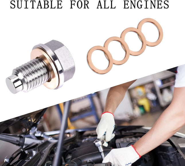 M14x1.5 Magnetic Oil Drain Plug with 5 Copper Washers, Leak-Proof Bolt for Cars