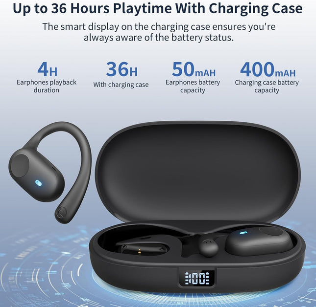Bluetooth Open Ear Headphones – IP54 Waterproof, 36H Playtime for Sports & Workout