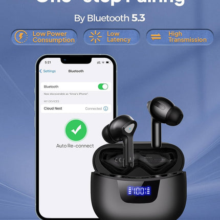 Wireless Earbuds Bluetooth 5.3 – 50H Playtime, Deep Bass, LED Charging Case