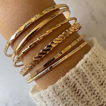 Stackable Gold Bangle Bracelets Women 14K Plated Boho Jewelry Set