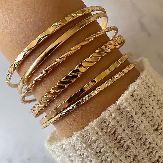 Stackable Gold Bangle Bracelets Women 14K Plated Boho Jewelry Set