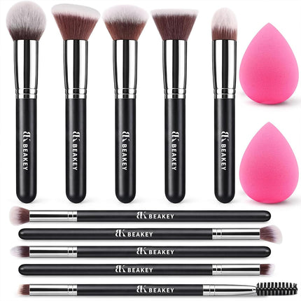 10-Pc Makeup Brush Set with 2 Blending Sponges, Face & Eye Brushes for Beginners