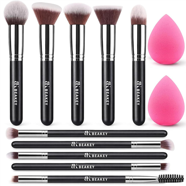 10-Pc Makeup Brush Set with 2 Blending Sponges, Face & Eye Brushes for Beginners