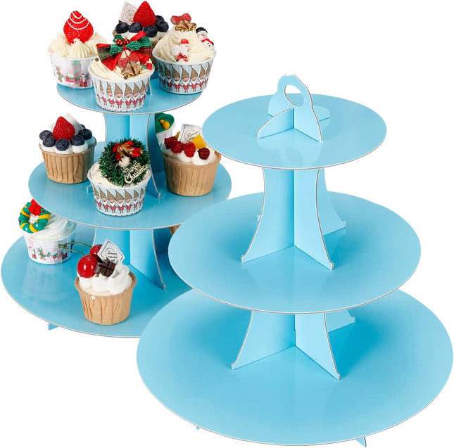 2Pcs 3 Tier Cupcake Stand Cardboard Dessert Display Tower Baby Blue Party