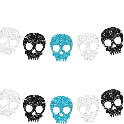 2-Piece Glitter Skull Garland, Black Silver Blue Halloween Gothic Party Banner Decor