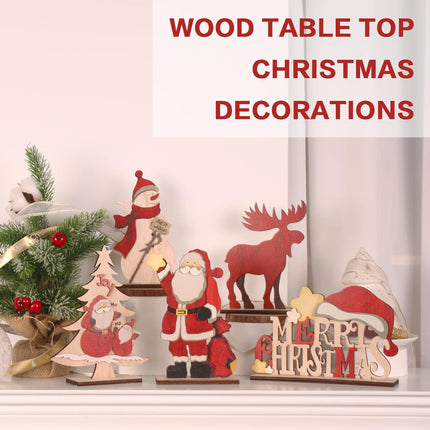 5PCS Rustic Wooden Christmas Tabletop Decor – Snowman, Reindeer & Santa