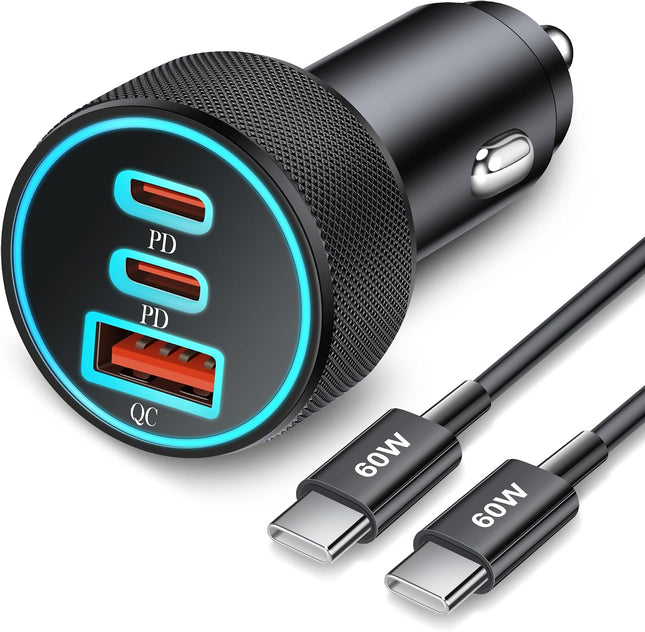 67W USB C Car Charger 3 Port Fast Charging Adapter for iPhone Samsung
