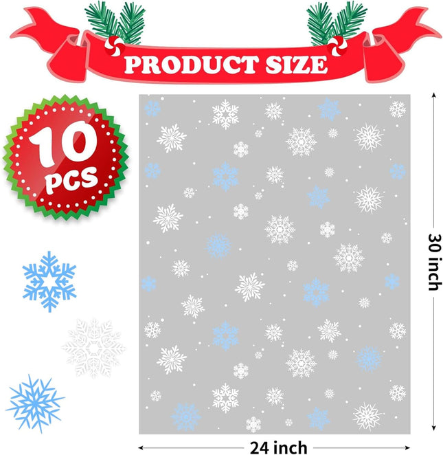 10pcs Christmas Cellophane Gift Bags – 24x30" Blue Snowflake Wrap