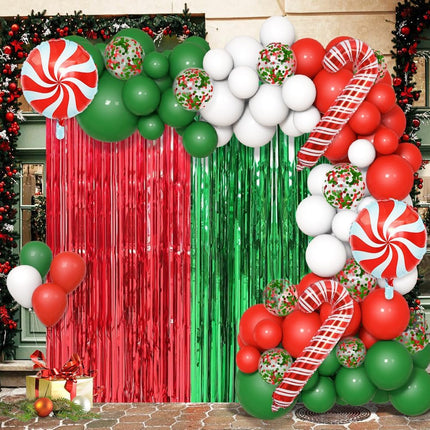 153pcs Christmas Balloon Garland Kit – Red Green White Balloons & Foil Curtain