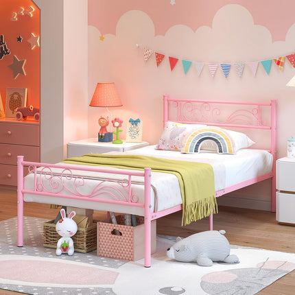 Pink Twin Metal Bed Frame Headboard, Heavy-Duty Steel Slats and 11.2-Inch Underbed Storage