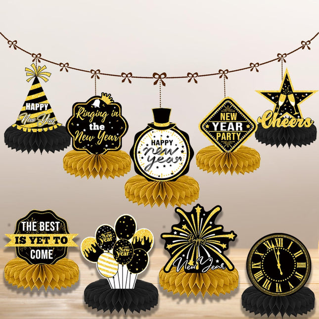 9-Piece Black & Gold New Year Eve Table Decorations – Party Centerpieces