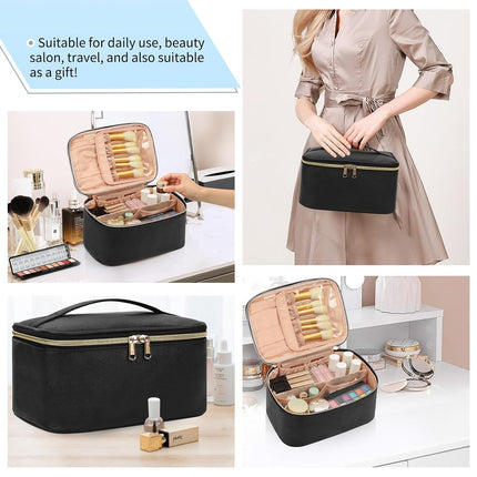 Large Makeup Bag, Portable Cosmetic Travel Case with Handle & Divider, Black