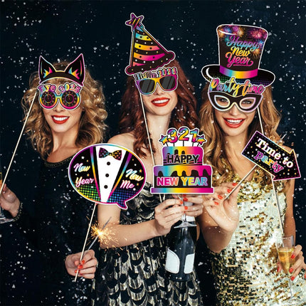Happy New Year 2026 Party Props – 30-Pc Glitter Selfie Photo Booth Set
