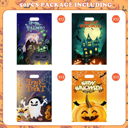 50PCS Halloween Goodie Bags with Handles, Happy Halloween Candy Treat Tote Bags