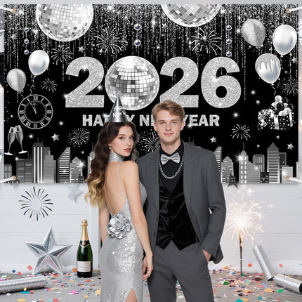 2026 Happy New Year Banner Black & Silver Backdrop 70.8x43.3" NYE Party