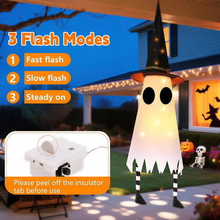 3-Pack 38in Lighted Halloween Hanging Ghosts with Witch Hat, Indoor Outdoor Decor