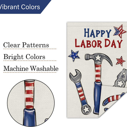 Happy Labor Day Garden Flag 12x18 Double Sided Burlap Stars & Tools Flag Only