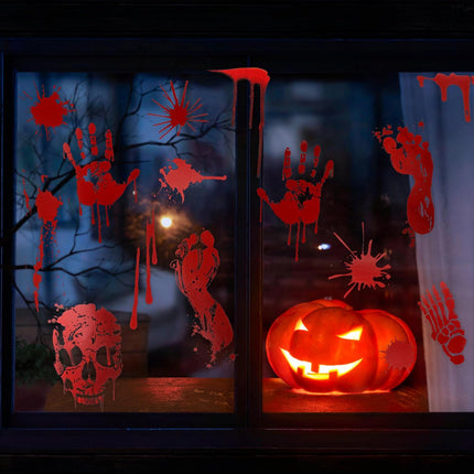 12-Sheet Halloween Bloody Hand & Footprint Window Stickers, Spooky Party Decals