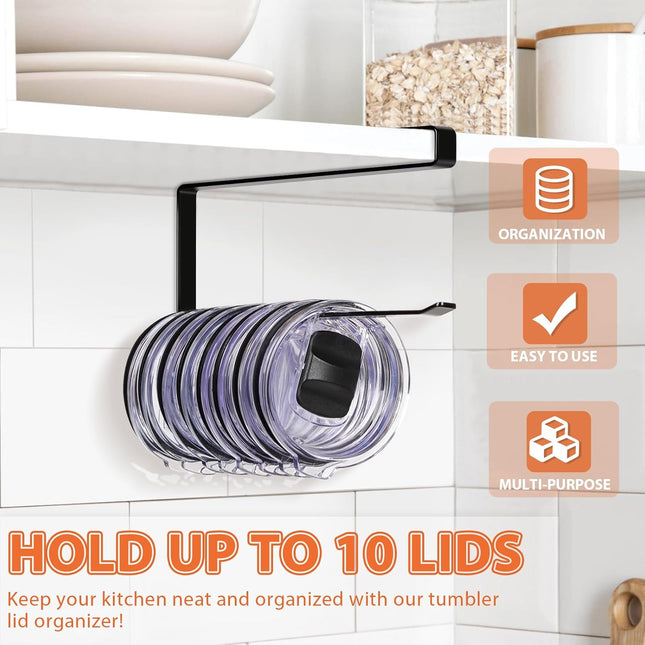 Tumbler Lid Organizer Under Cabinet, Horizontal Hook Holds Up to 10 Lids