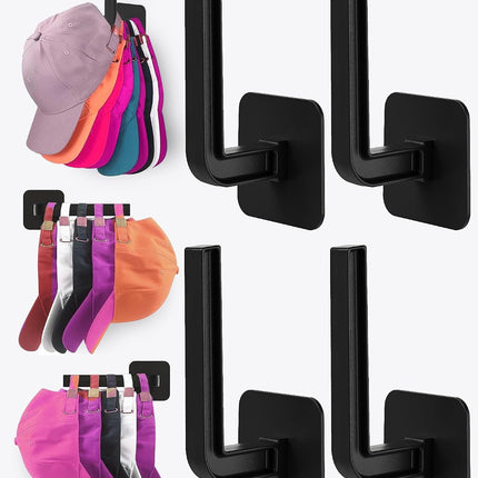 4 Pack Hat Rack Wall Organizer, Adhesive Hat Hooks for Baseball Caps, Black
