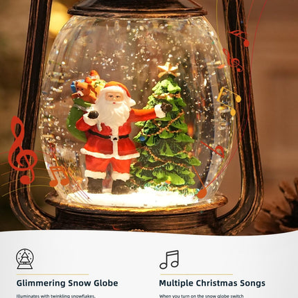 Christmas Musical Snow Globe – Lighted Lantern with Timer, USB or Battery