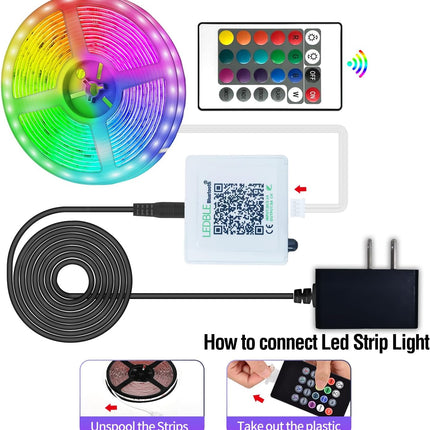 60ft RGB LED Strip Lights Music Sync Bluetooth App Control Remote 5050 Colour Changing