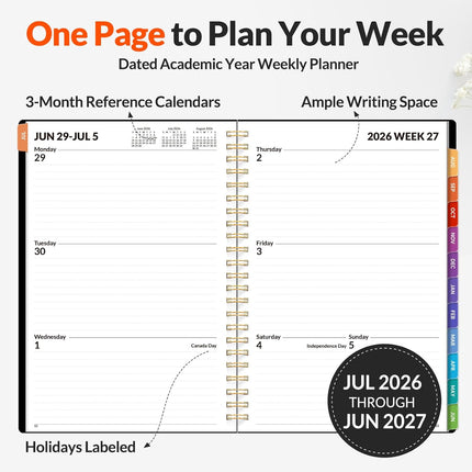 Weekly Monthly Academic Planner 2026-2027 6.4x8.3 Spiral Bound Black Organizer