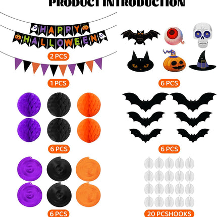 Halloween Decoration Set, Honeycomb Balls, Spiral Ribbons, 3D Bats & 20 Hooks