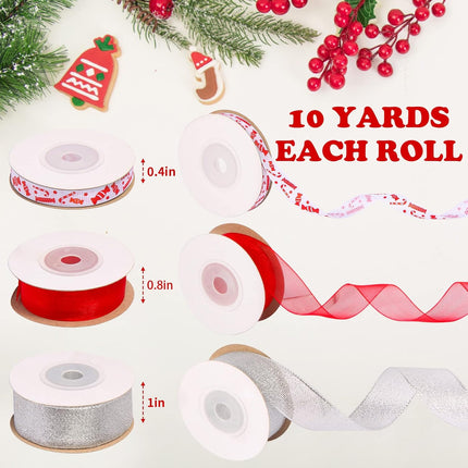 12 Rolls Christmas Ribbon 120 Yards 3/8" Wide Grosgrain Satin Organza Glitter