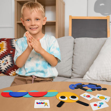 Open-Ended Wooden Shape Puzzles, 36 Blocks & 60 Cards for Toddlers 3+