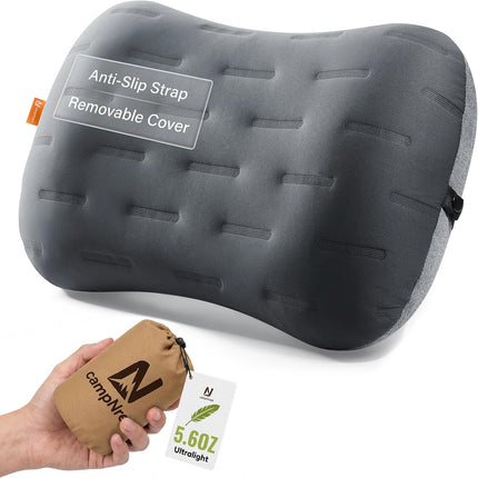 Ultralight Inflatable Camping Pillow, Ergonomic Travel Pillow with Washable Cover, Grey