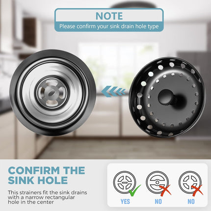 3-Piece Kitchen Sink Drain Strainer & Stopper – Stainless Steel, Black
