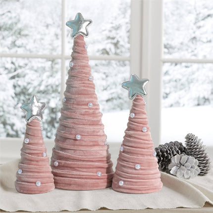 Christmas Indoor Decorations – 3-Piece Pink Velvet Cone Trees with Pearls for Table Decor
