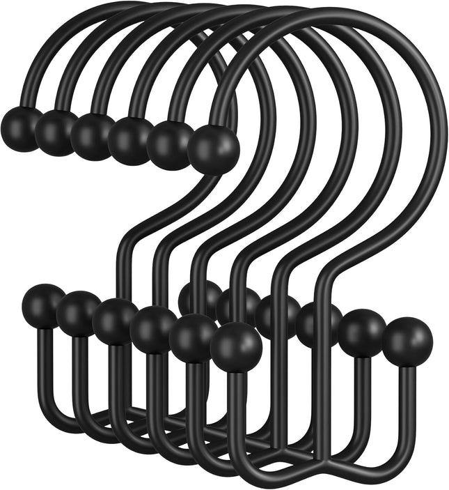 12PCS Black Shower Curtain Hooks Double Rust Resistant Metal Bathroom Rings
