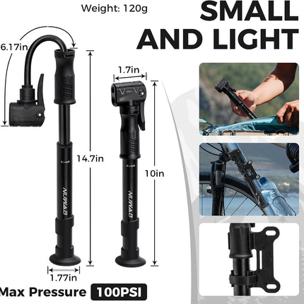 10in Bike Pump, 100PSI Portable Hand Bicycle Air Pump, Presta & Schrader Valve