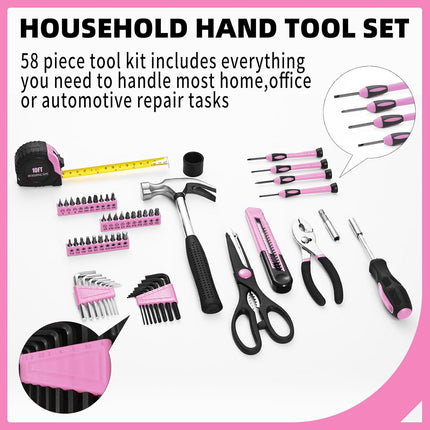 58 Piece Pink Home Tool Kit with Toolbox Storage Case Household Hand Tools