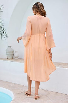 Womens Long Dress V Neck Bell Sleeve Floral Embroidery High Low Hem